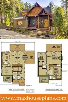 the floor plan for a small cabin house with lofts and living quarters is shown