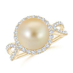 The Golden South Sea cultured pearl sits pretty within a glimmering halo of diamonds. Additional u pave-set diamonds embellish the twisted split shank, enhancing the beauty of the 14k yellow gold pearl halo ring. For a brilliant side view, a dazzling diamond accent is bezel-set on the gallery. Pearl Halo Ring, Pearl Halo, Cultured Pearl Ring, Rose Gold Pearl, Golden South Sea Pearls, Split Shank Ring, Diamond Halo Ring, South Seas, Split Shank