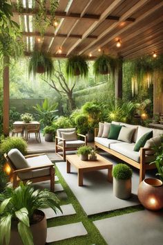 an outdoor living area with potted plants and seating on the floor, surrounded by greenery