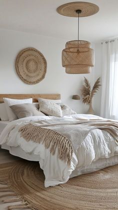 a large bed sitting in a bedroom next to two hanging baskets on the wall above it