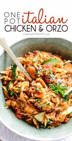 one pot italian chicken and orzo recipe in a bowl with a fork on the side