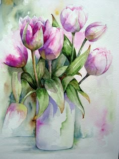 a watercolor painting of pink flowers in a vase with the word hebrew on it