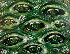 an abstract painting with green and white circles in the shape of eyeballs on a black background