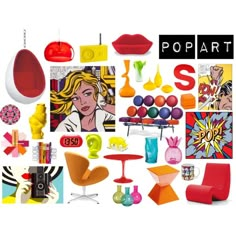 an assortment of art and furniture on display with the word popart above it in bold colors