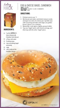 an advertisement for a bagel sandwich with cheese and egg