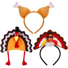 two turkey headbands and a turkey hat are shown in the shape of ears