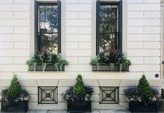 three black planters with plants in them on the side of a white building next to windows