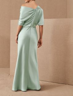 Sheath / Column Mother of the Bride Dress Elegant One Shoulder Floor Length Charmeuse Half Sleeve with Draping Amsale Wedding Dress, Bride Dress Elegant, Column Gown, Mother Of The Bride Dress, Dress Elegant, Mother Of The Bride Dresses, Half Sleeve, Cocktail Dress Party, Bride Dress