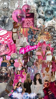 the collage shows many different types of women in pink, silver and black outfits