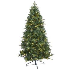 a green christmas tree with lights on it's branches and a black stand in front of a white background