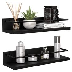 two black shelves with various items on them