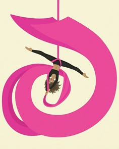 a woman hanging upside down on a pink object with the number six in front of her