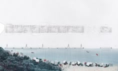 an image of people walking on the beach with umbrellas over their heads and in front of them