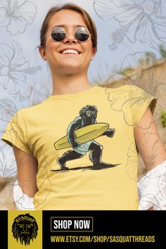 Bigfoot Surfer T-Shirt in yellow is perfect for the beach this summer! #surfing #surf #Bigfoot #Sasquatch Summer Surfing, Beach T Shirt, Beach T Shirts