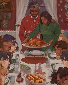 a painting of people gathered around a large turkey on a table with plates and glasses