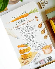 a recipe card with carrots and other food items on the table next to it