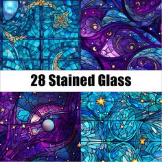 stained glass patterns with stars and moon on them