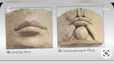 two pictures of sand sculptures with faces and hands on them, one is made out of clay