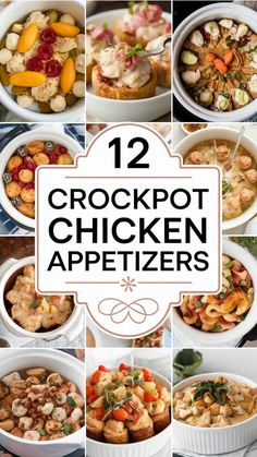 Collage of various crockpot chicken appetizers with a central text reading "12 Crockpot Chicken Appetizers".