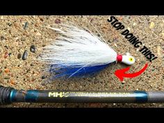 a blue and white fly with the words stop fishing tips on it's side