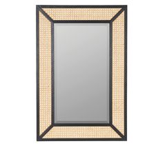 a mirror that is sitting on top of a wall with lights around it and a black frame