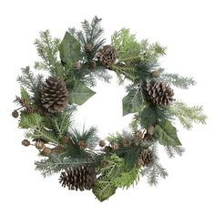 a christmas wreath with pine cones and greenery