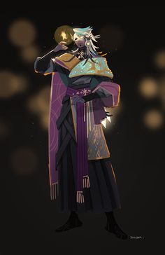 an anime character is dressed in purple and gold, holding a staff with his right hand