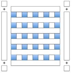 an image of a blue and white wall with squares on the bottom, one in the middle