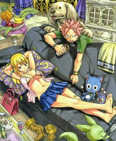 two anime characters laying on a bed with an animal and cat in the background,