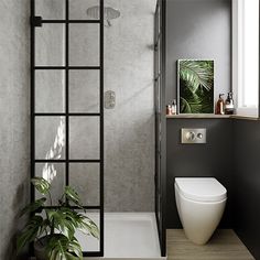 a bathroom with a white toilet sitting next to a bath tub under a window near a potted plant