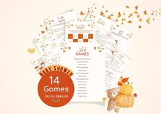 baby shower games for all families with autumn leaves and pumpkins on the bottom corner