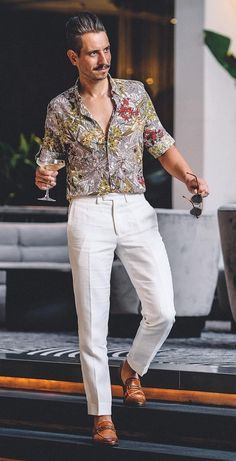 Funky Formal, Mens Fashion Wedding Guest, Floral Shirt Outfit, Wedding Dress Code, Party Outfit Men, Cuban Shirts, Tropical Outfit, Mens Fashion Wedding, Pants Outfit Men