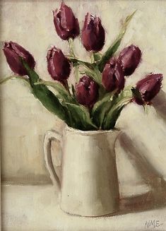 a painting of purple tulips in a white vase on a table top with a cream background