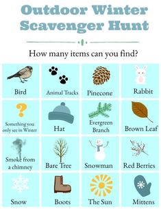 an outdoor winter scavenger hunt is shown in this graphic above the words, how many items can you find?