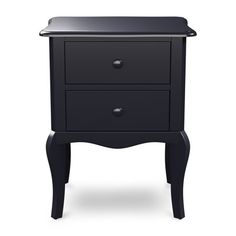 a black night stand with two drawers and one drawer on the bottom, against a white background