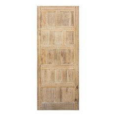 an old wooden door with decorative carvings on the front and side panels, isolated against a white background