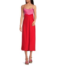 Gianni Bini x DANNIJO Helena Satin Two-Tone Colorblock Scoop Neck Maxi Slip Dress #Dillards Maxi Slip Dress, New York Street, Gianni Bini, Dillard's, Scoop Neckline, Color Blocking, Two Tone, Spaghetti Strap, Scoop Neck