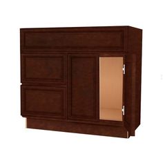 a brown cabinet with two doors and some drawers on it's side, in front of a white background