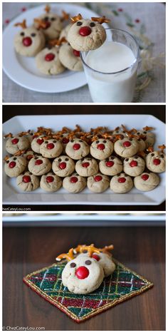 christmas cookies with reindeer noses on them and milk in the glass next to each other