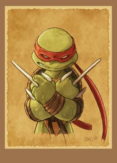 a drawing of a teenaged ninja turtle holding two swords and wearing a red helmet