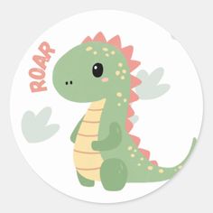 a green dinosaur sticker with the words roar on it