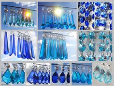 many different shades of blue glass hanging from hooks