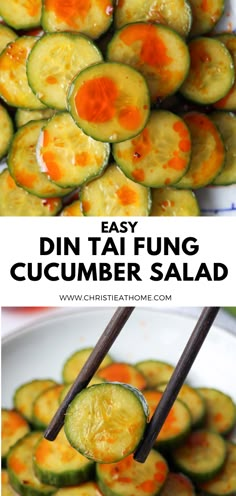 cucumber salad in a white bowl with chopsticks on the side and text overlay that reads easy din taifung cucumber salad