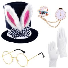 an assortment of accessories including a top hat, gloves and eyeglasses