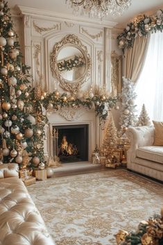 a living room decorated for christmas with gold and white decorations on the fireplace, couches, and rugs