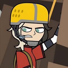 a cartoon character wearing a helmet and holding a cell phone to his ear with one hand