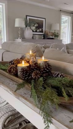 candles are sitting on a tray with pine cones and greenery in front of a couch