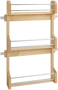 three tiered wooden shelf with metal bars on the bottom and two shelves above it