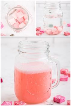 there are pink candy cubes in a mason jar