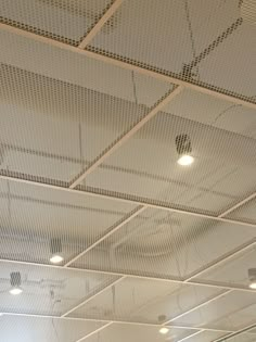 the ceiling in an office building has mesh coverings on it and lights hanging from the ceiling